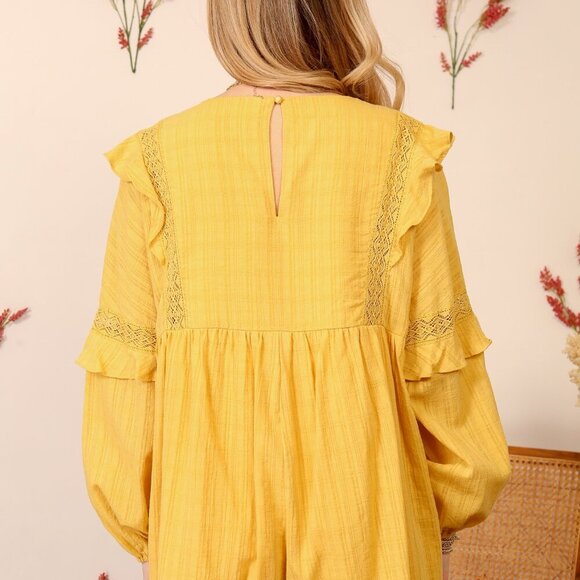 LUMIERE Gold Long Sleeve Romper with Ruffle Details, Boho Chic - Picture 8 of 9